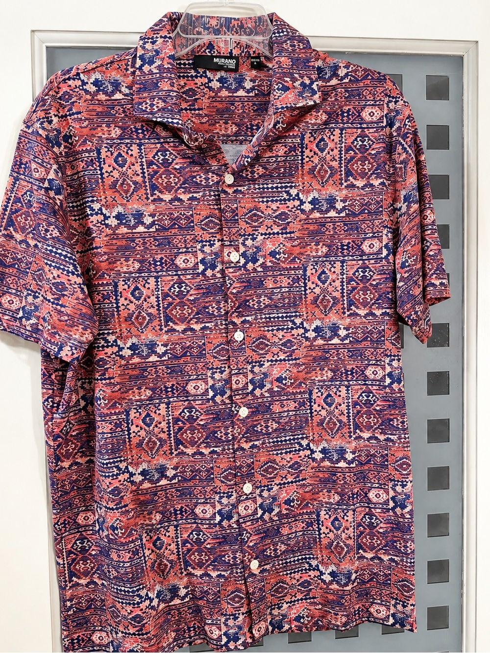 Murano Short-Sleeve Button-Up Shirt in Multi-Color Aztec Print L